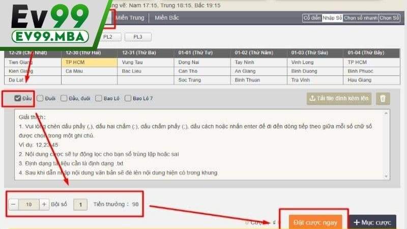 Các bước đặt cược xổ số 3 miền tại xổ số EV99