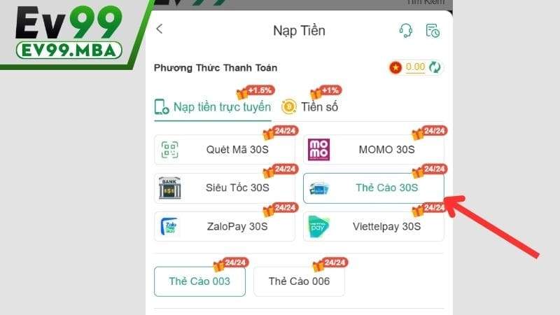 Chọn phương thức nạp tiền bằng thẻ cào
