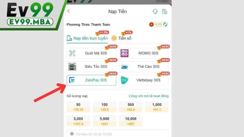 Chọn vào phương thức thanh toán ZaloPay