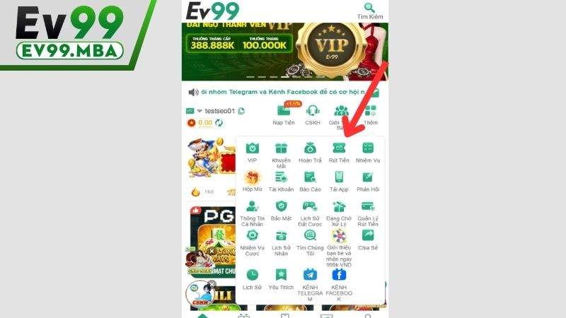 Đăng nhập vào nhà cái EV99 và ấn rút tiền