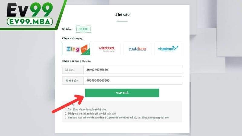 Điền các thông tin thẻ cào và chọn vào nạp thể