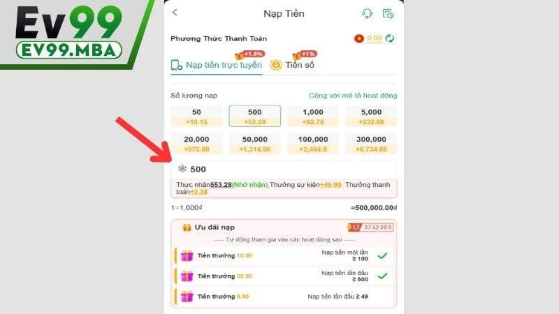 Điền số tiền cần nạp và bấm nạp tiền ngay để tiếp tục giao dịch