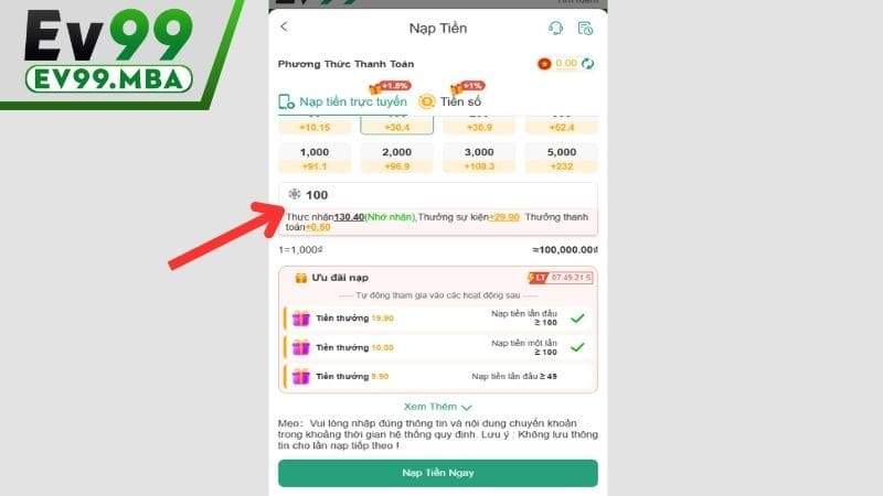 Điền số tiền cần nạp và nhấn nạp tiền ngay để tiếp tục giao dịch