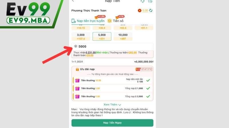 Điền số tiền cần nạp và nhấn nút nạp tiền ngay