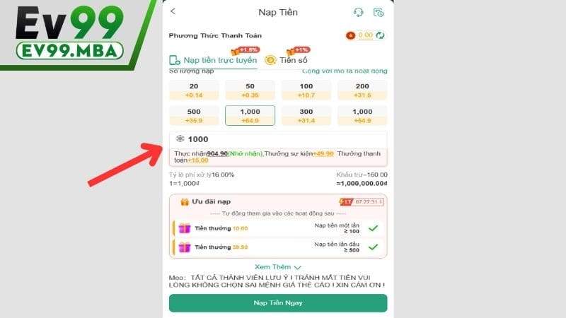 Điền số tiền cần nạp vào mục