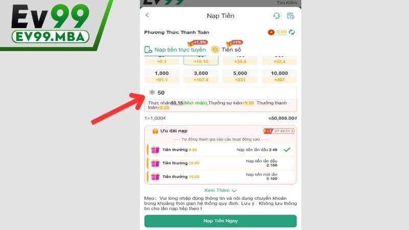 Điền số tiền cần nạp vào ô tương ứng và nhấn nạp tiền ngay