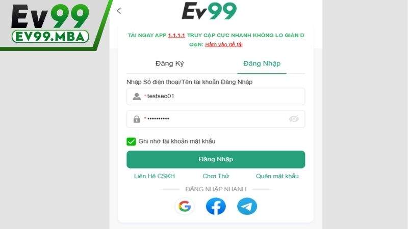 Điền thông tin yêu cầu và chọn đăng nhập