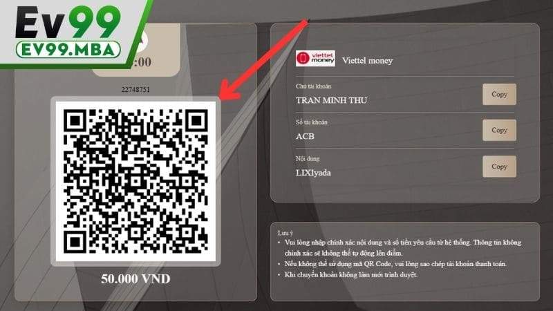 Quét mã QR hoặc sao chép các thông tin để chuyển tiền trên ứng dụng ViettelPay