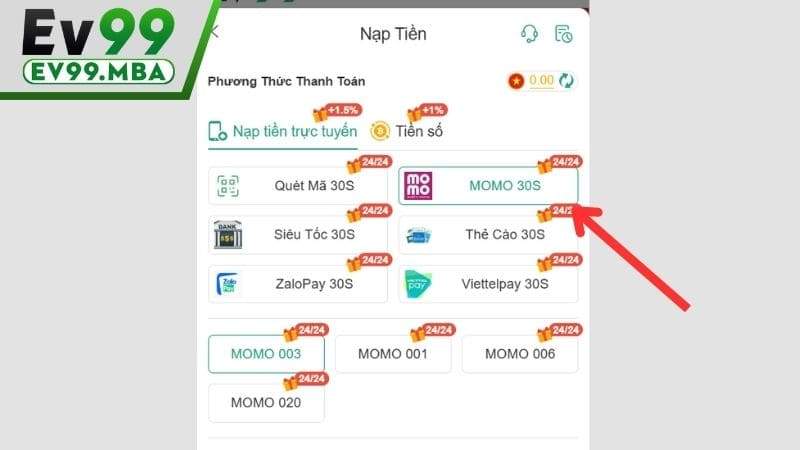 Thêm khuyến mãi và chọn vào phương thức nạp tiền MOMOPAY