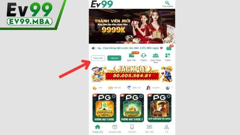 Truy cập vào trang chủ EV99 và bấm đăng nhập