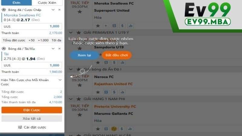 Các bước đặt cược Thể Thao Ảo tại EV99