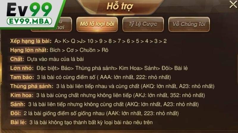 Giá trị của các lá bài liêng online tại EV99