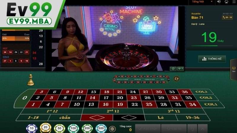 Giao diện roulette online có dealer đứng bên cạnh vòng quay