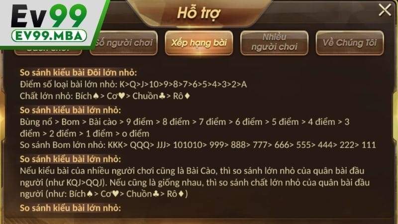 Xếp hạng Bài Cào Online khi so điểm