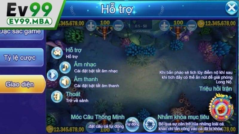 Thành phần chính trong giao diện Tiền Long Đánh Cá